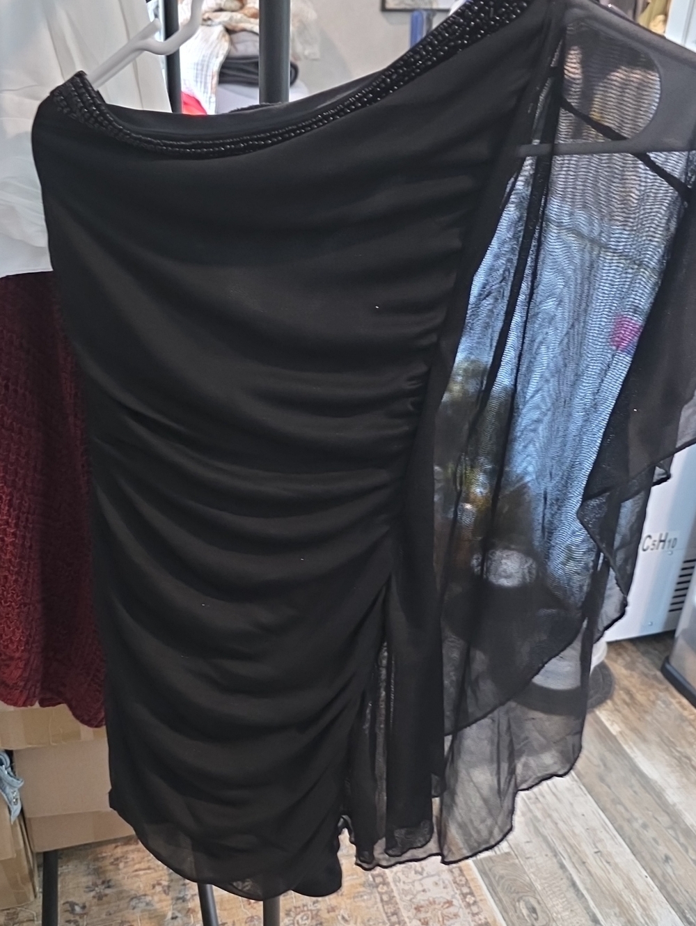 Black Asymmetrical Ruched Chiffon Skirt with Sheer Overlay